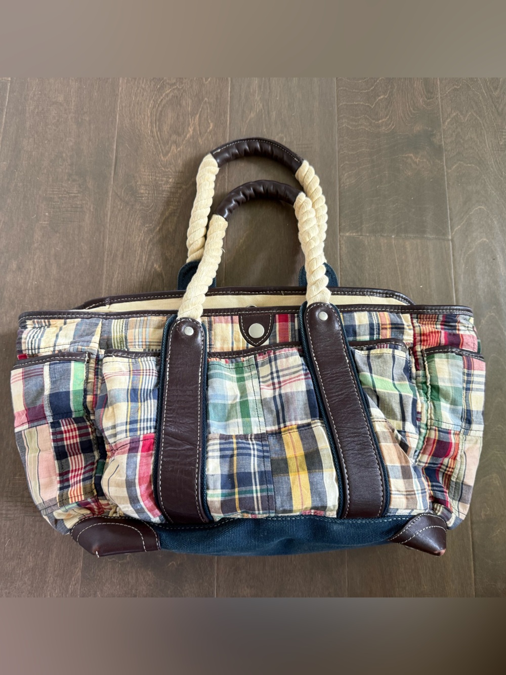 J Crew Plaid Inner Canvas Tote Purse with Rope Handles